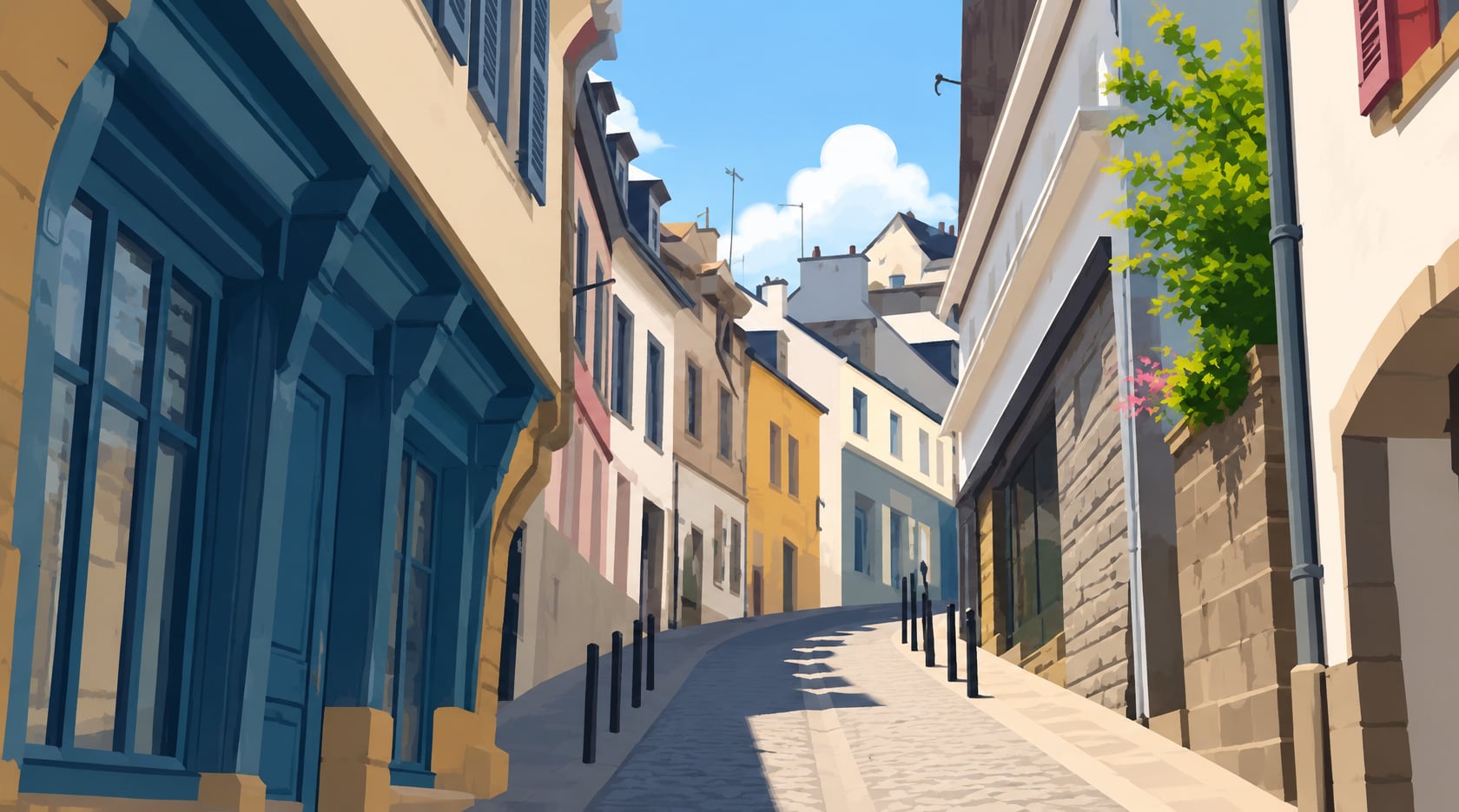 Rue Savary à Quimperlé, ruelle pavée pentue idéale en vélo à assistance électrique